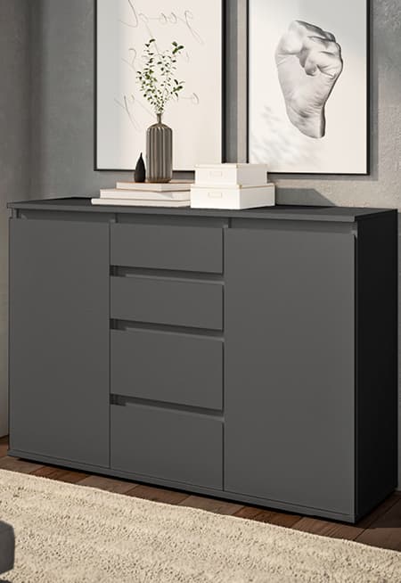 moderne kommode in matt schwarz mit vier schubladen und zwei grifflosen tueren