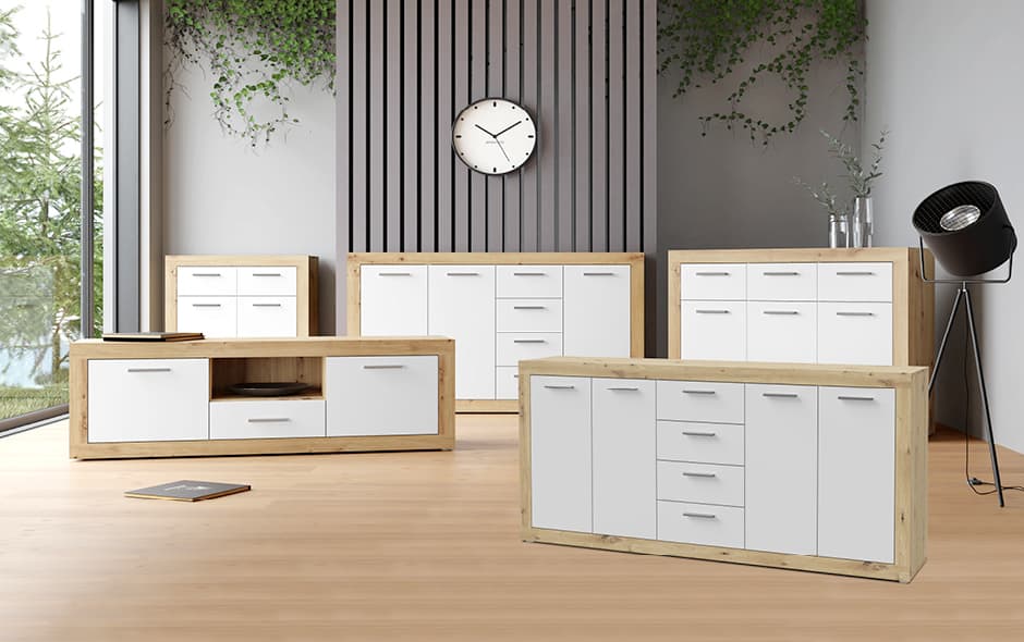 modernes kommodenprogramm in weiss mit korpus in holzoptik