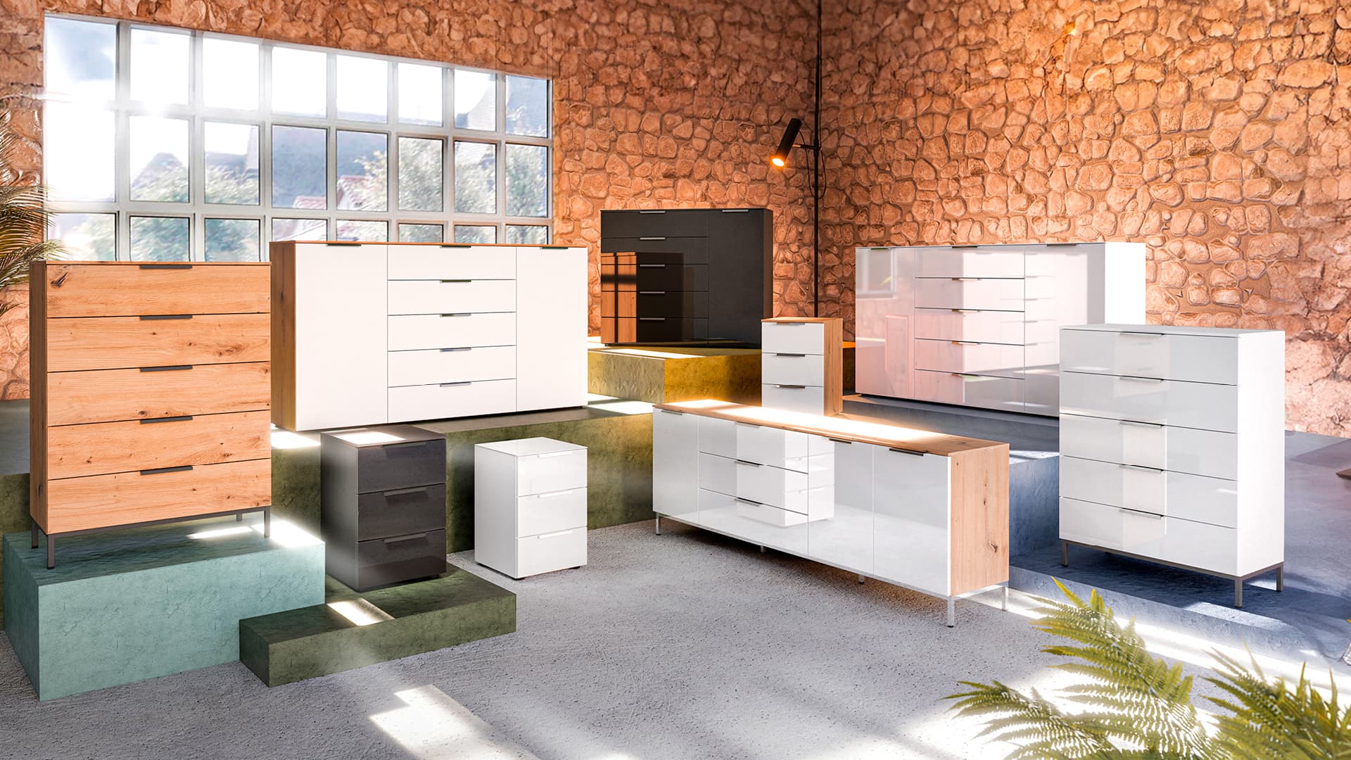 vielfaeltiges kommodenprogramm mit matten und hochglaenzenden fronten