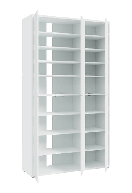 weisser hochschrank mit geoeffneten tueren und zahlreichen einlegeboede